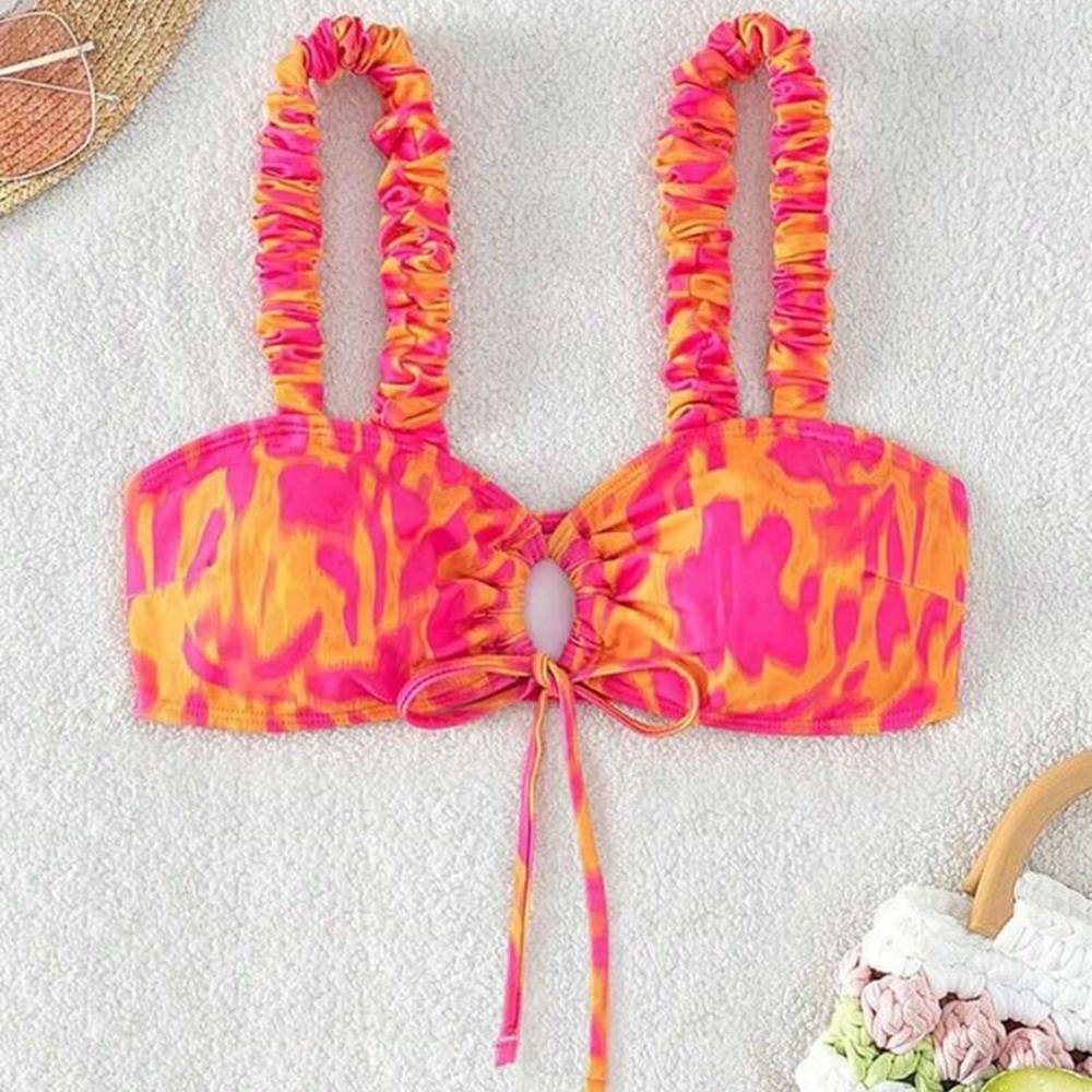 Vibrant Pink and Orange Women’s Bikini Top adjustable Keyhole cutout large